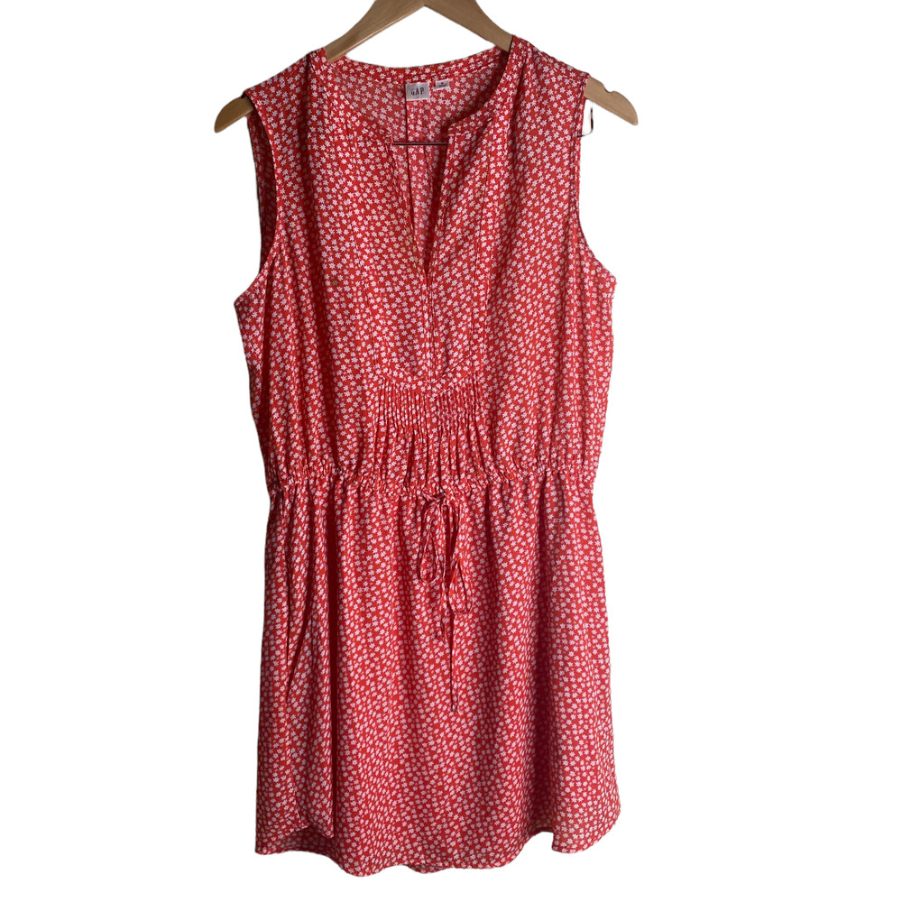 GAP Red Sleeveless White Floral Bib Dress V-Neck Lined Medium w/ Pocket